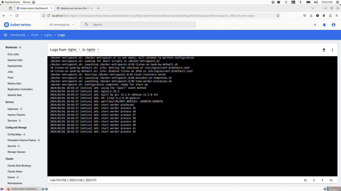 Kubernetes Dashboard displaying logs from an Nginx pod, showing system initialization and start worker processes details.