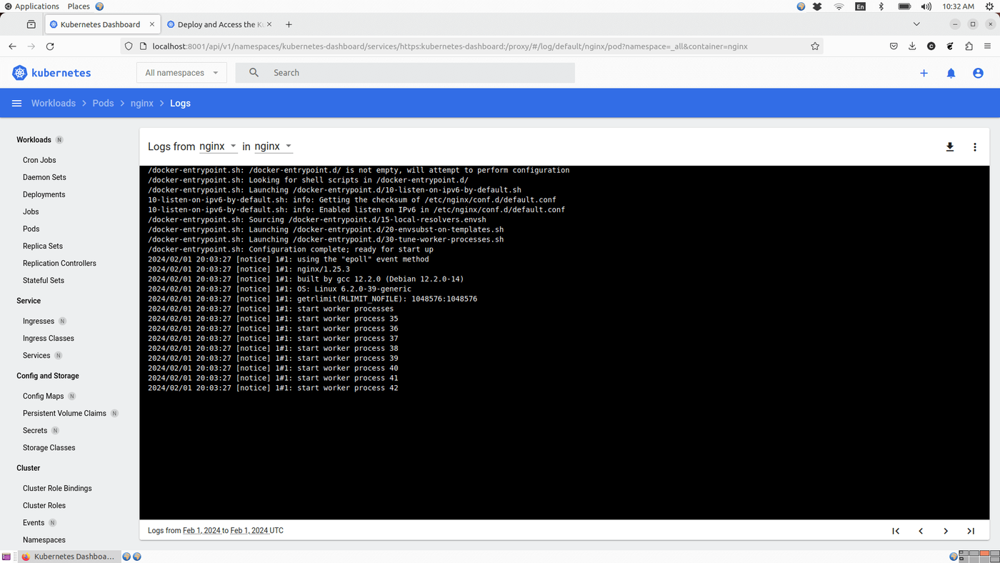 Kubernetes Dashboard displaying logs from an Nginx pod, showing system initialization and start worker processes details.