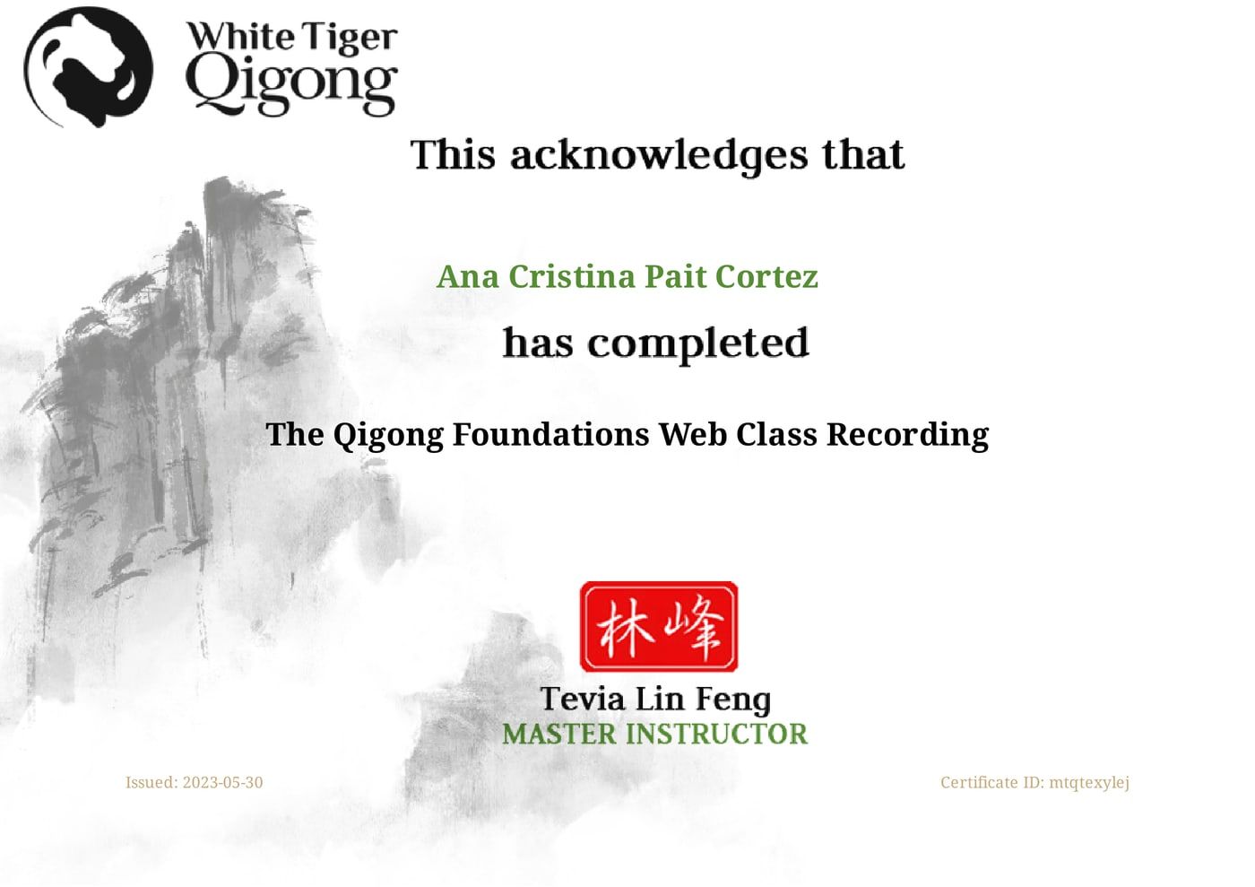 Certificado de Qigong Foundations, White Tiger Qigong, maio de 2023