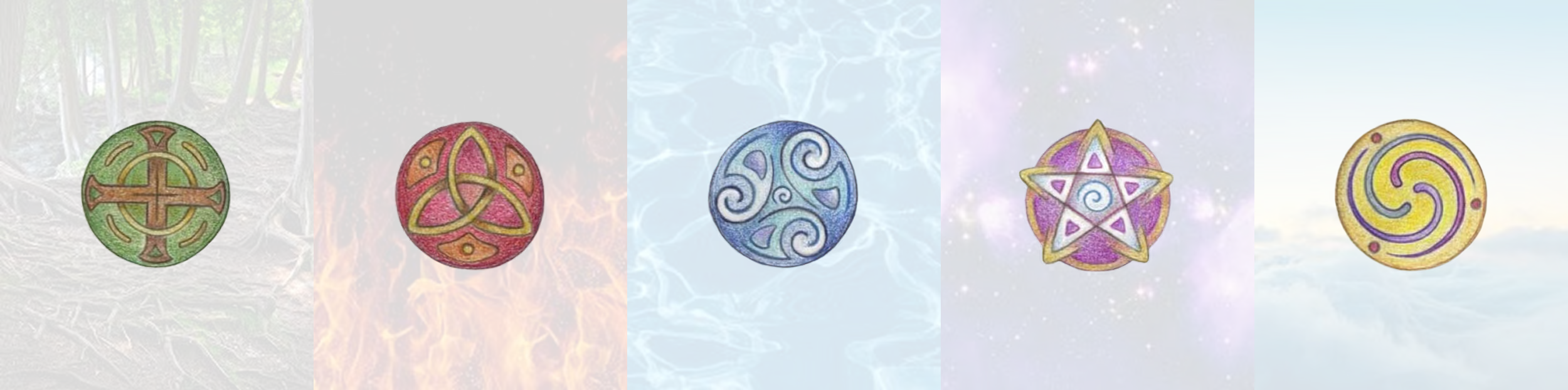 Cinco símbolos coloridos sobre fundos que representam terra com floresta, fogo com chamas, água com ondas, ar com espaço estrelado e espírito acima das nuvens.