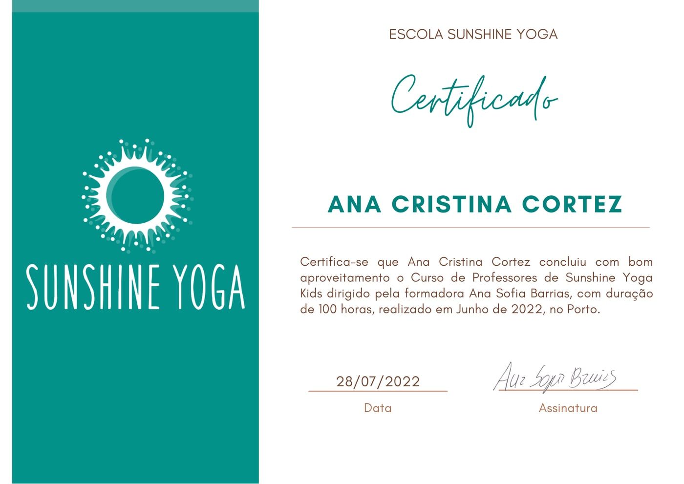Certificado do Curso de Professores de Sunshine Yoga Kids, Porto, julho de 2022