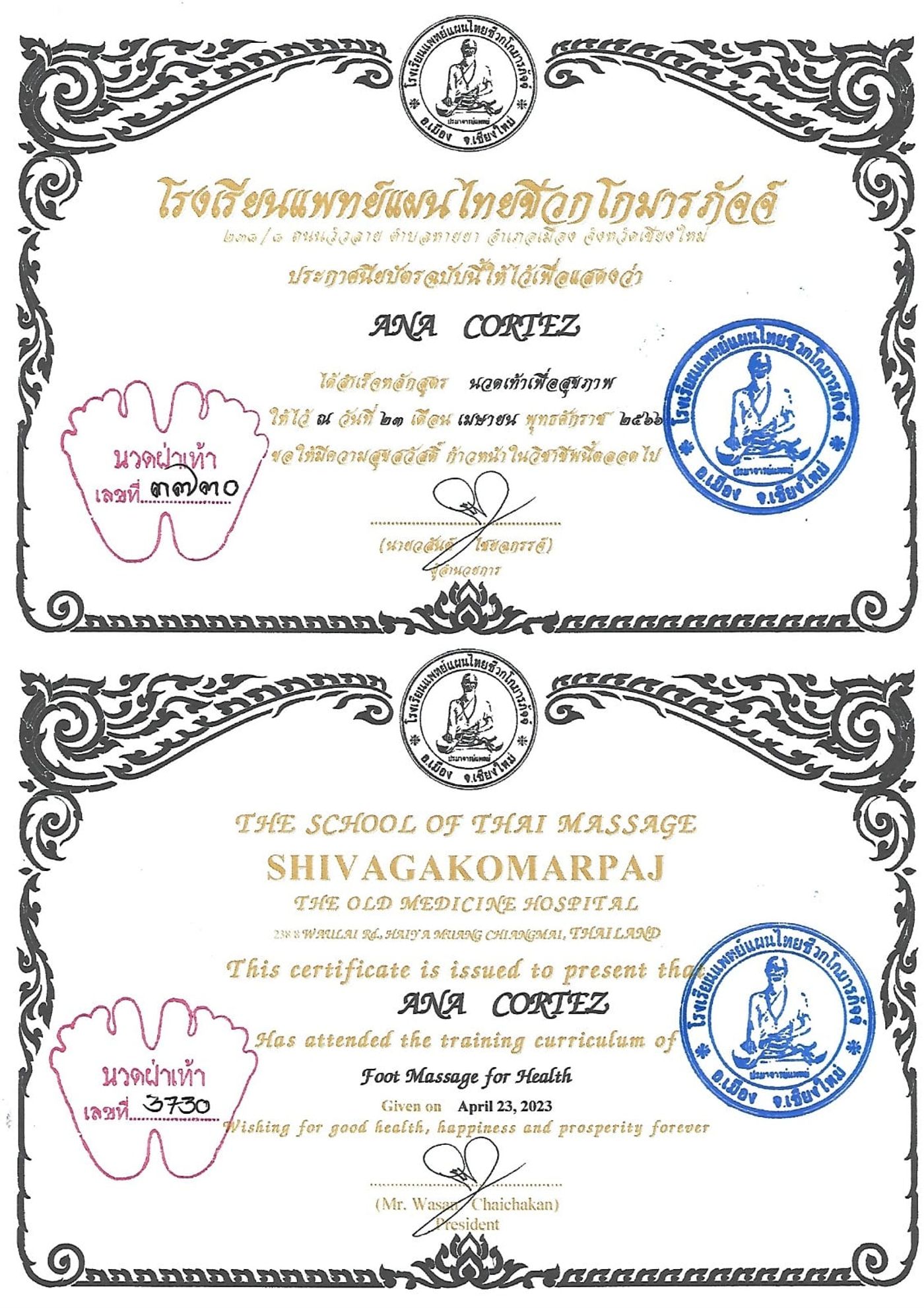 Certificado de Foot Massage for Health, School of Thai Massage Shivagakomarpaj, Chiang Mai, abril de 2023
