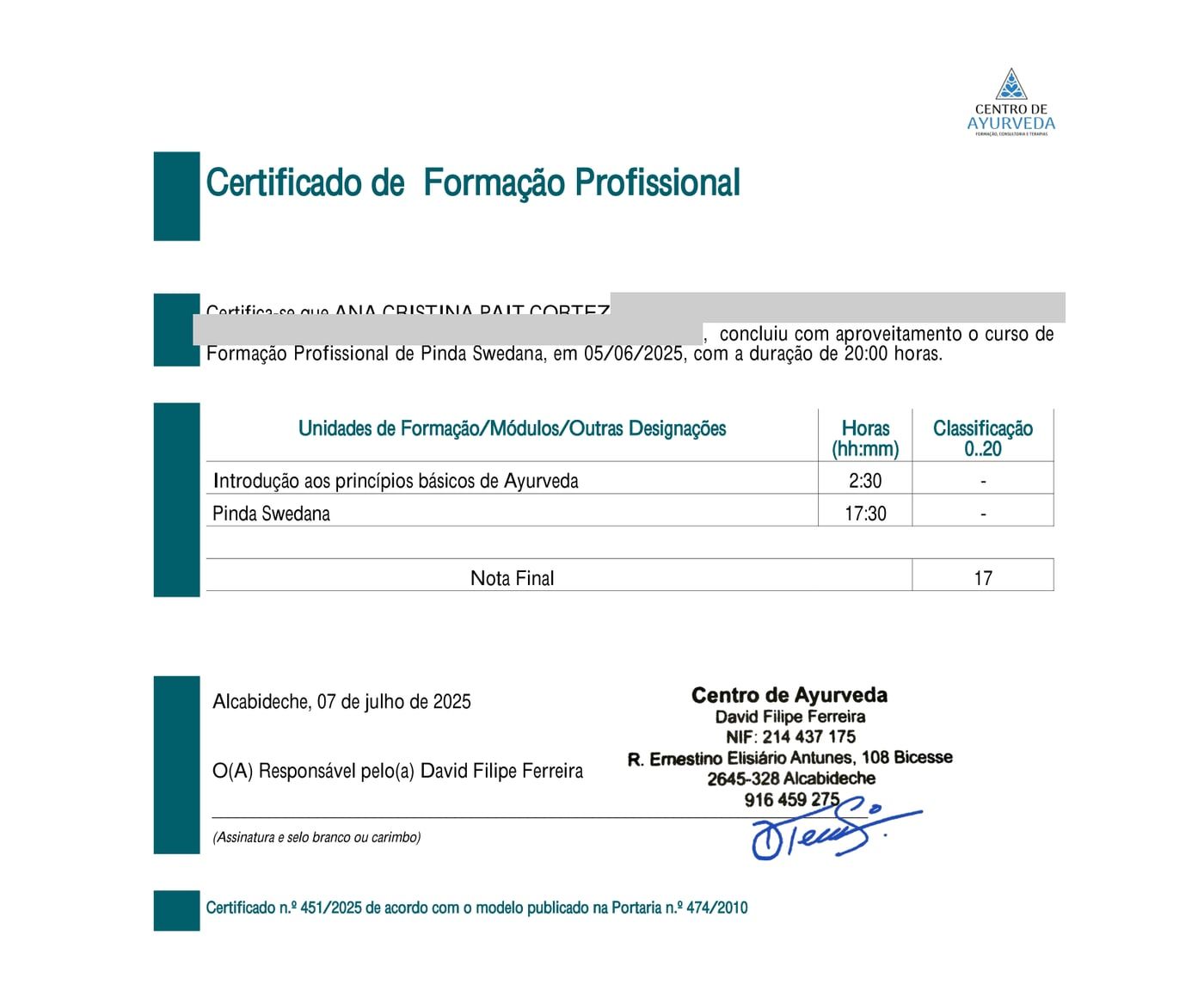 Certificado de Pinda Swedana, Centro de Ayurveda, Alcabideche, julho de 2025