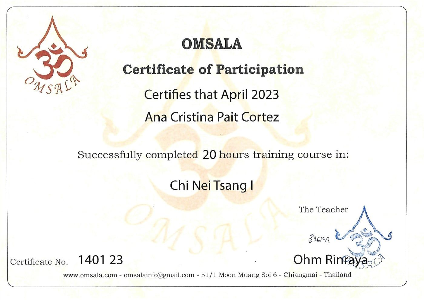 Certificado de Chi Nei Tsang I, OMSALA, Chiang Mai, abril de 2023