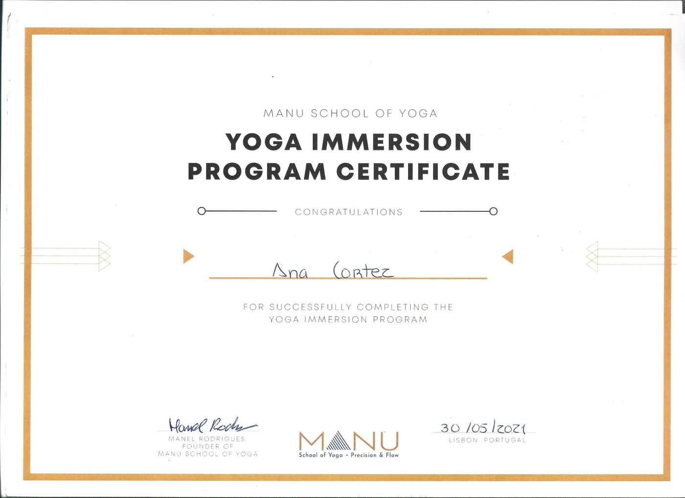 Certificado de Yoga Immersion Program, Manu School of Yoga, Lisboa, maio de 2021
