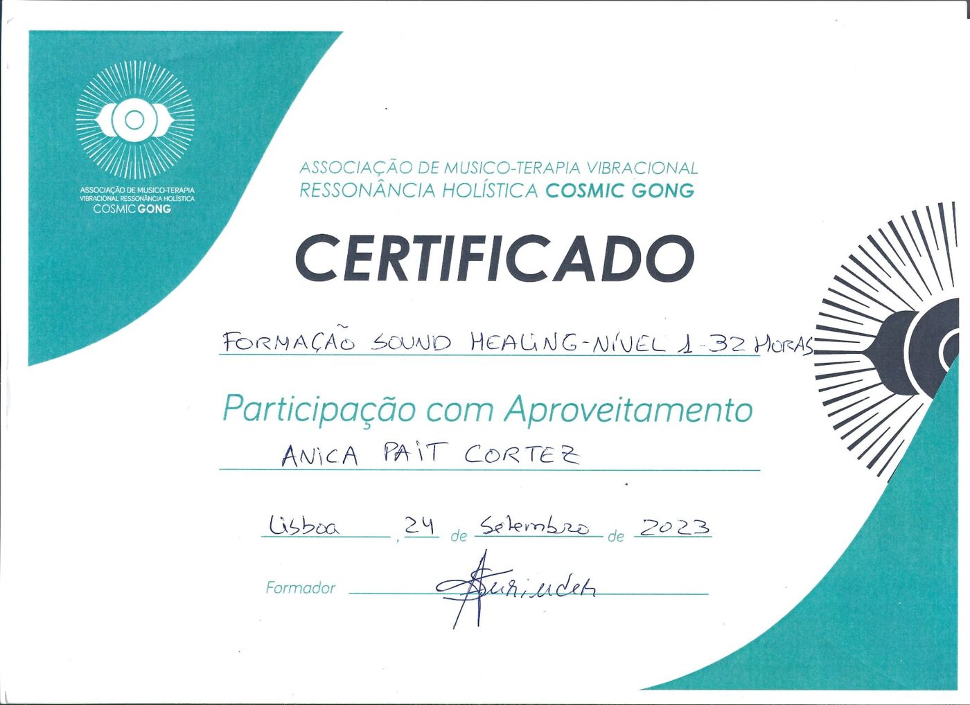 Certificado de Formação Sound Healing, Nível 1, Cosmic Gong, Lisboa, setembro de 2023