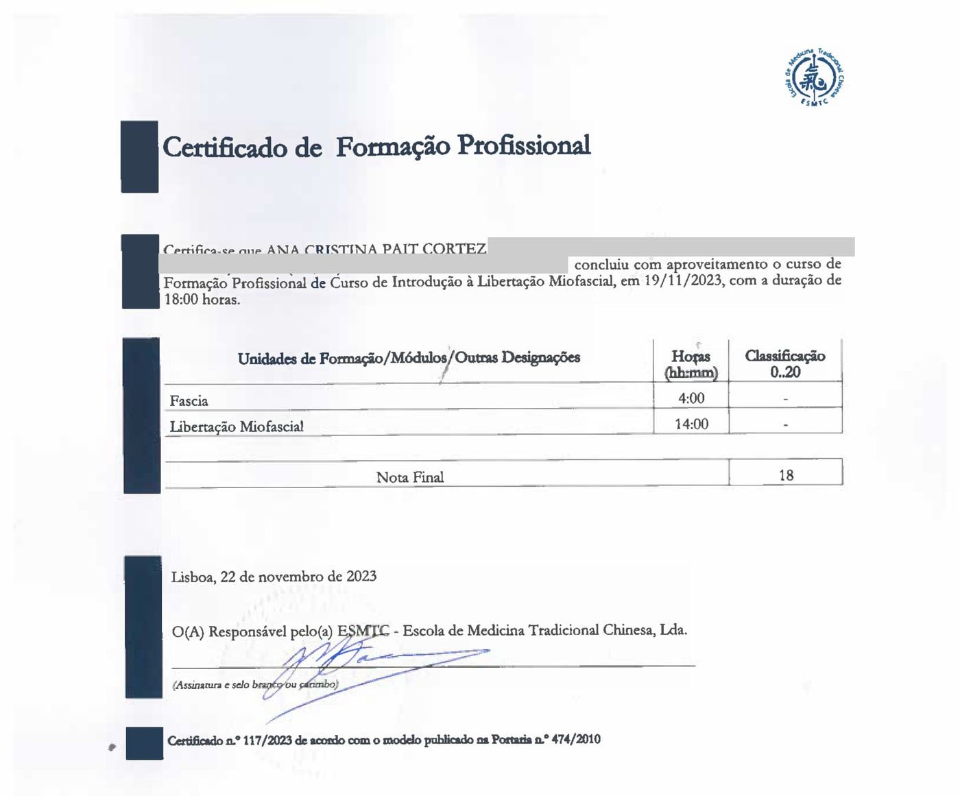 Certificado de Introdução à Libertação Miofascial, ESMTC, Lisboa, novembro de 2023