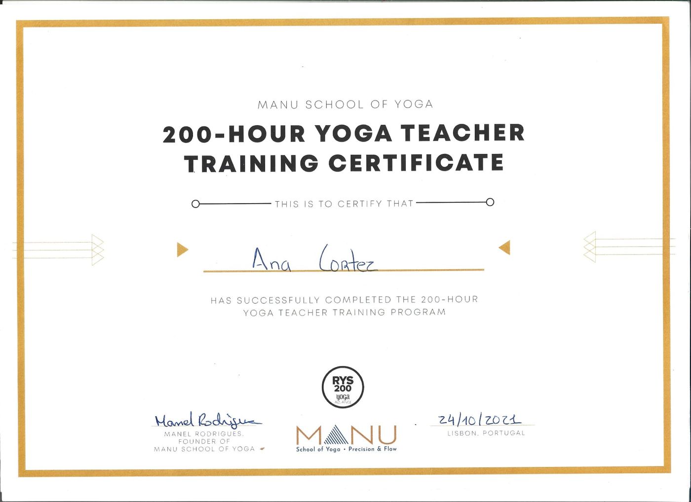 Certificado de 200-Hour Yoga Teacher Training, Manu School of Yoga, Lisboa, outubro de 2021