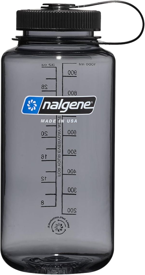 Nalgene 32 oz Wide Mouth Water Bottle, Gray with Black Lid