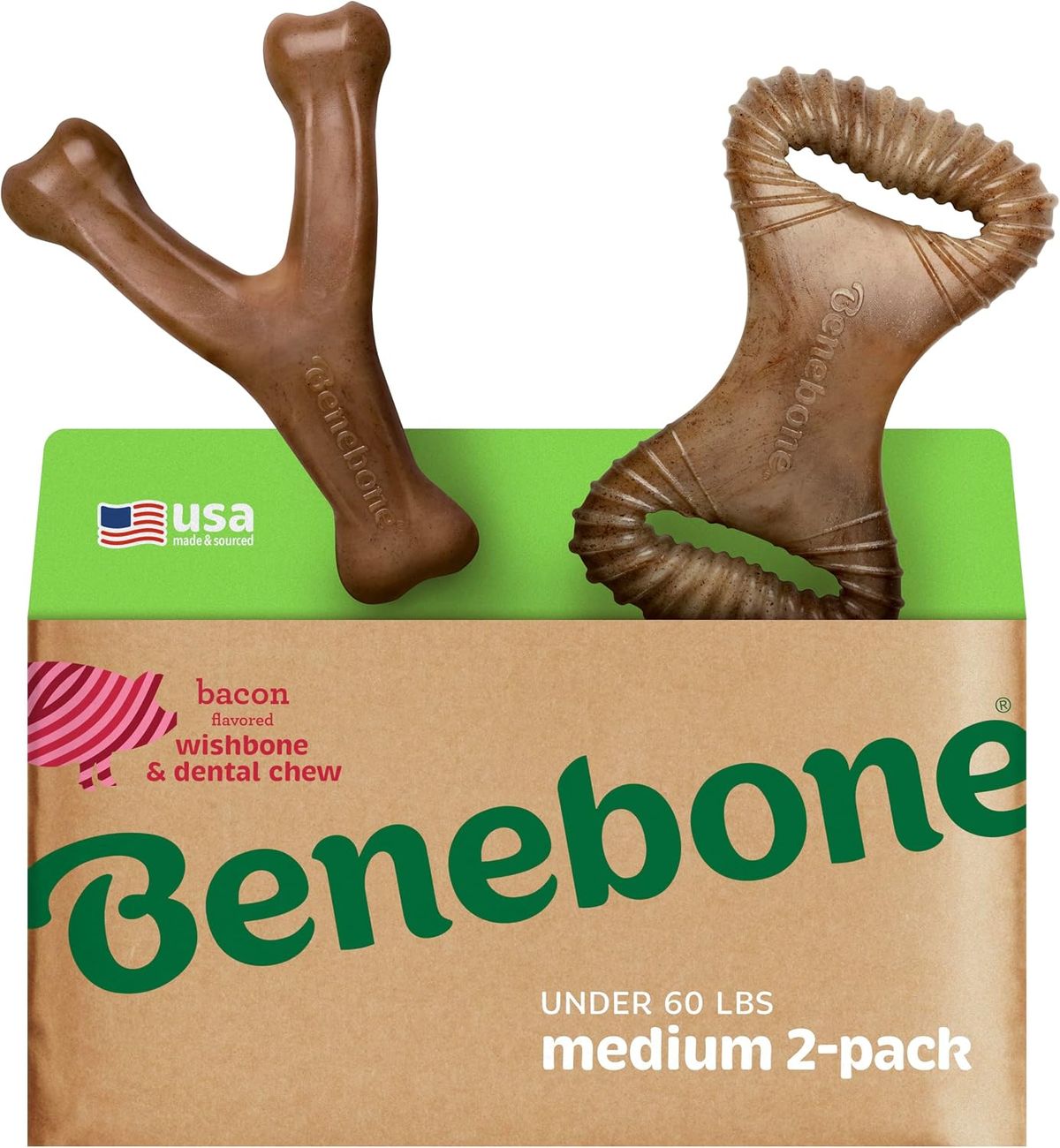 Benebone 2-pack Wishbone Dental Durable Dog Chew Toys, Real Bacon