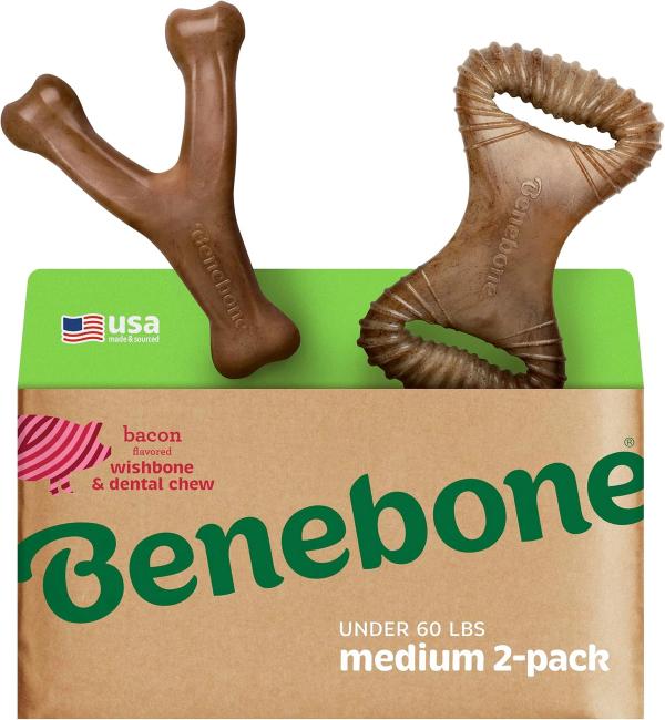 Benebone 2-pack Wishbone Dental Durable Dog Chew Toys, Real Bacon