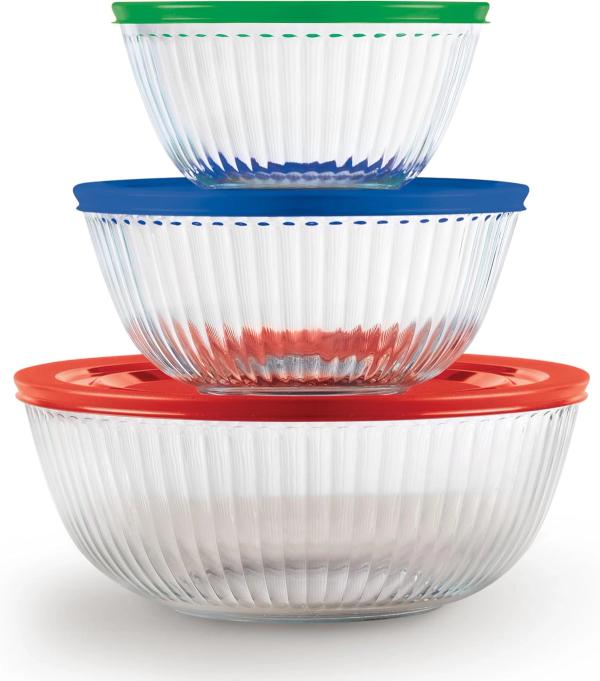 Pyrex Sculpted Glass Mixing Bowl Set with Lids, 3-Pack