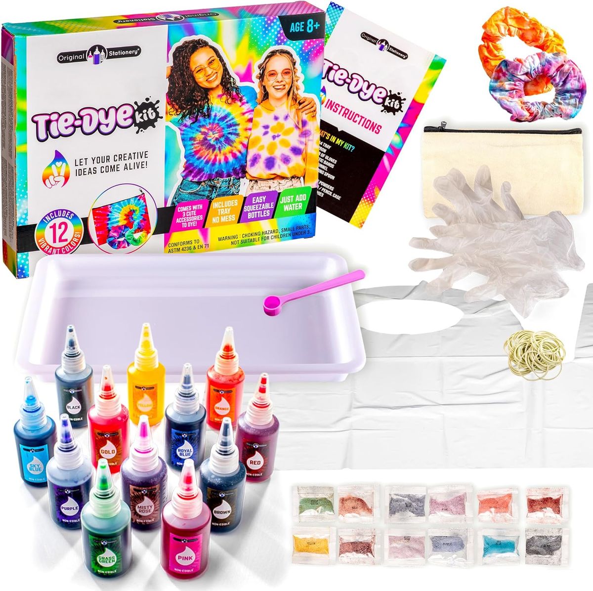 Original Stationery Tie Dye Kit for Kids (12 Color Powder, Tray & Gloves)