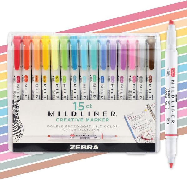 Zebra Pen Mildliner Double-Ended Highlighters, Assorted Colors, 15-Pack