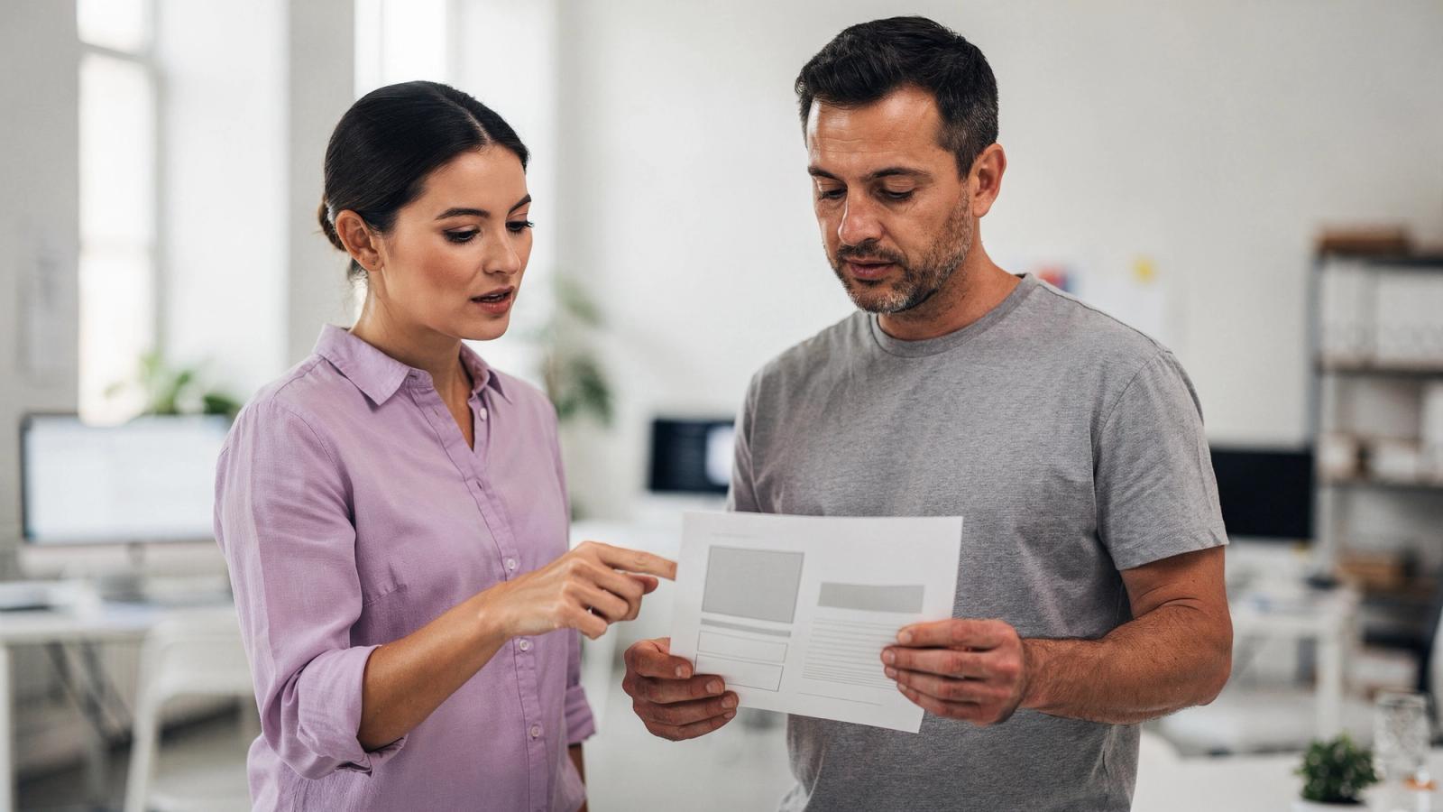 A woman in a lilac shirt points at one line of a printed sheet held by a man in a grey t-shirt, and both are looking down at the page in a bright open plan office.