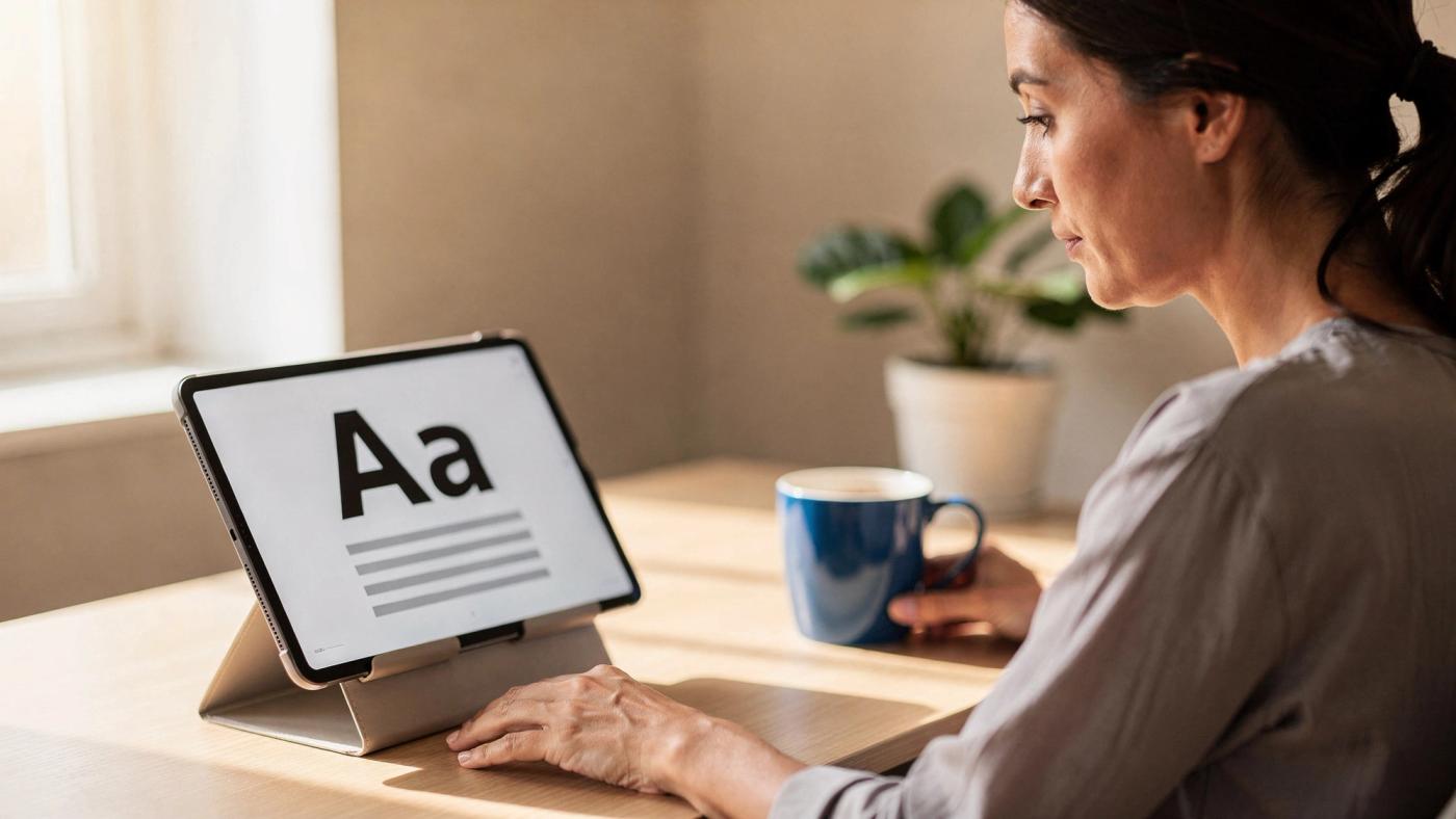 A woman sits at a light wood desk studying a tablet propped in a stand, its screen showing a large letter pair Aa in a clean sans serif above evenly spaced lines of body text.