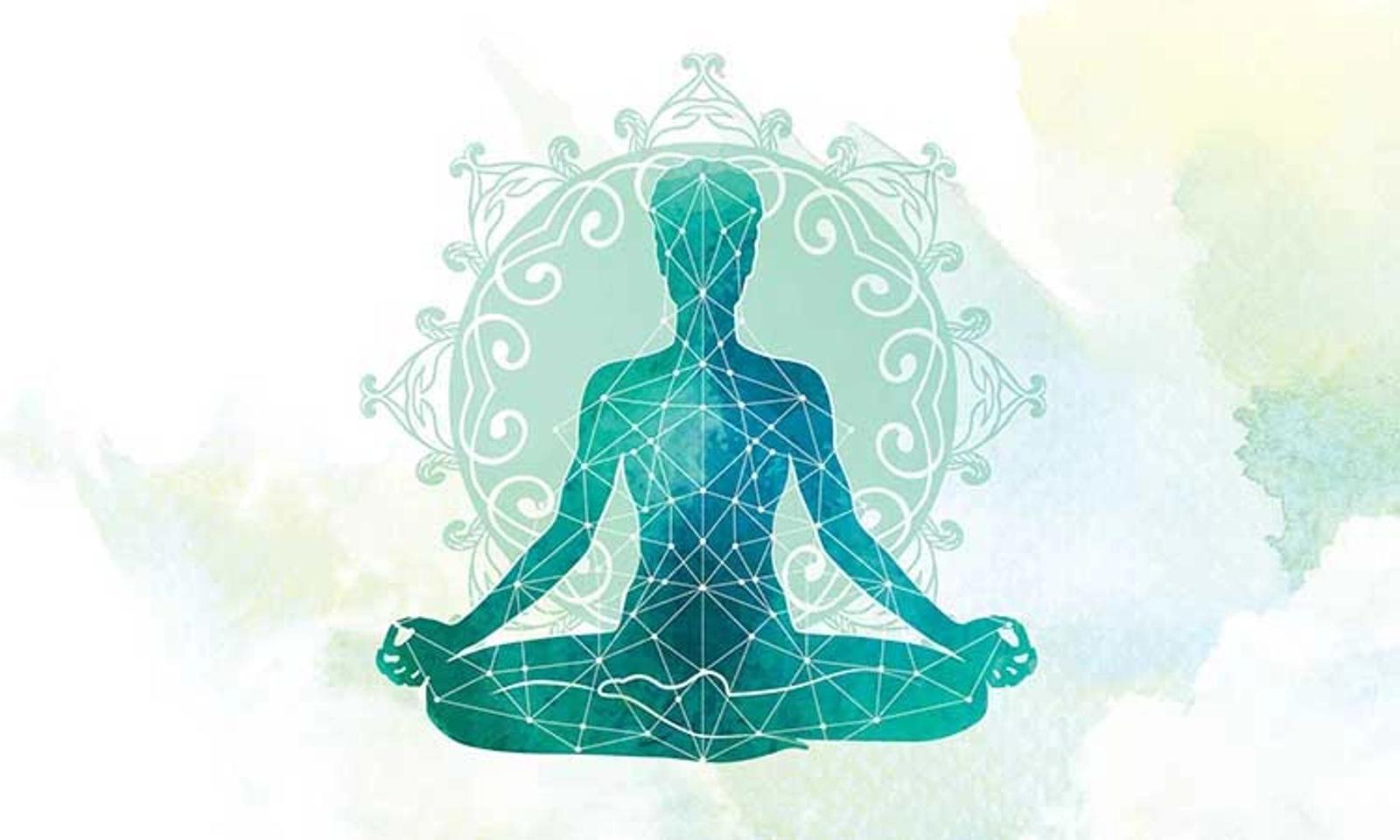 Geometric wireframe figure in meditation pose within an ornate teal mandala, representing balanced AI systems and strategic growth.