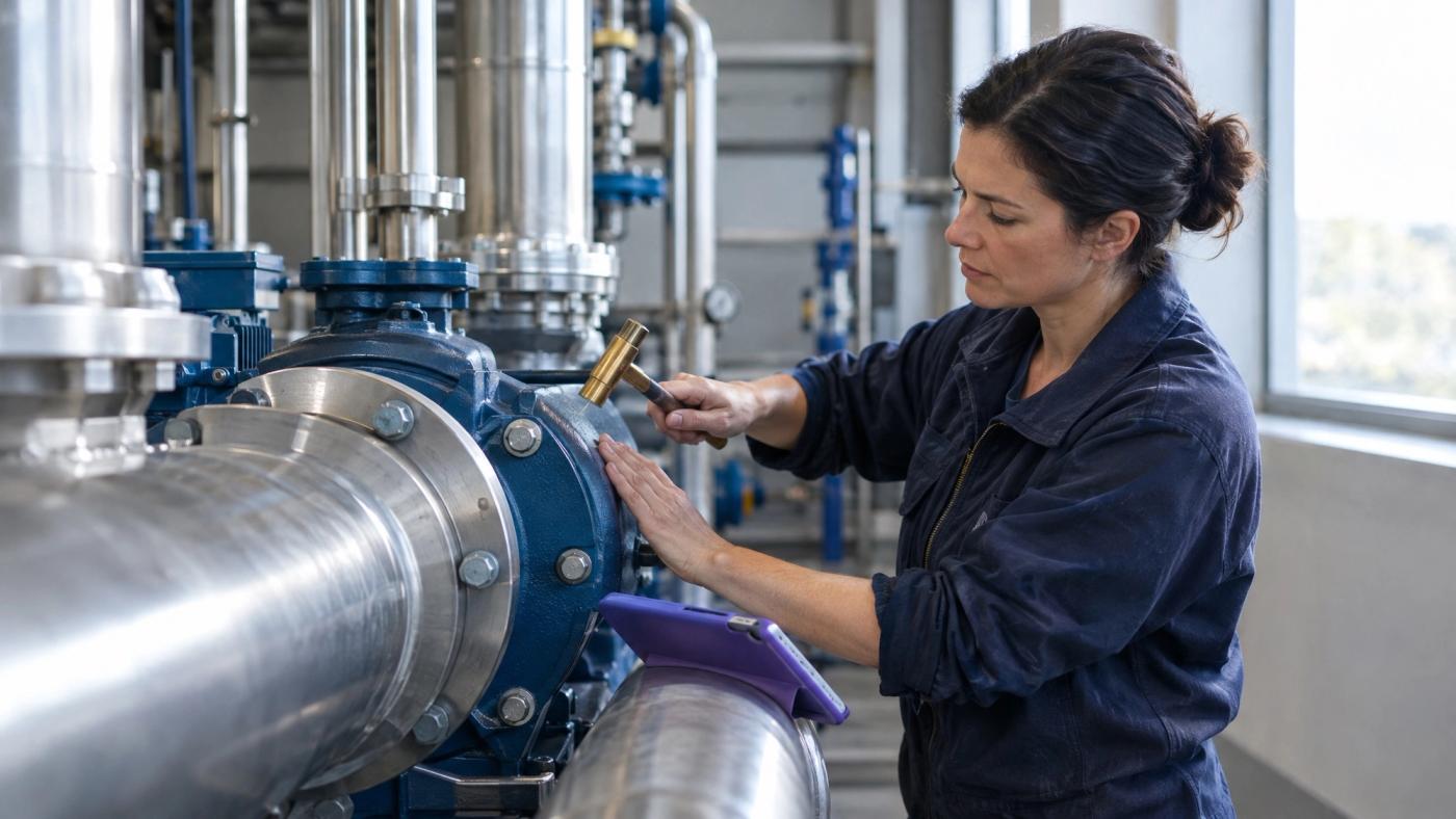 Una mujer con el cabello oscuro recogido y chaqueta de trabajo azul marino golpea un solo perno de una gran bomba azul con un pequeño martillo de bronce, con la otra mano apoyada en el acero, en una sala de máquinas luminosa con tuberías de acero.