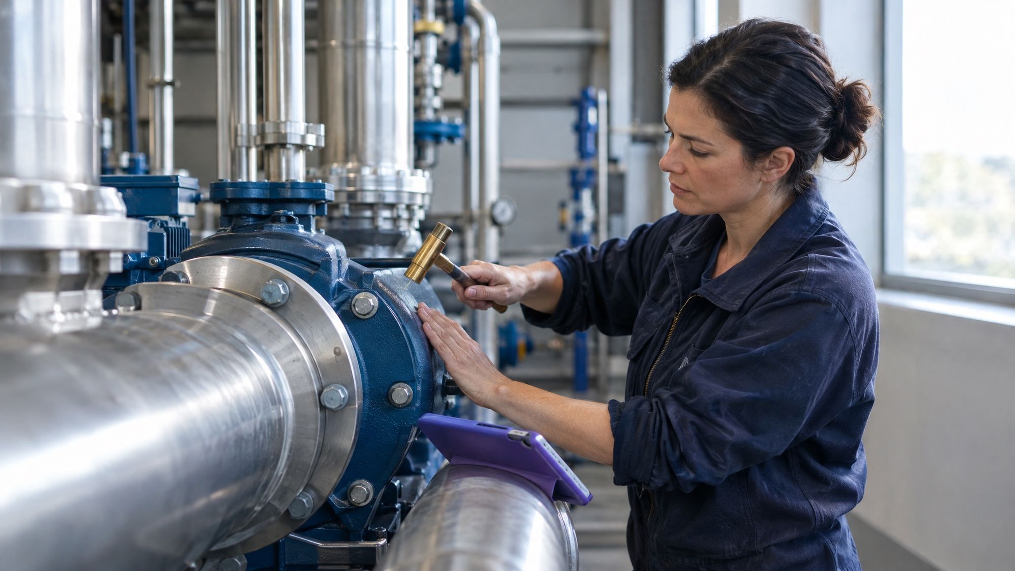 A woman with dark hair tied back, in a navy work jacket, taps one bolt on a large blue pump with a small brass hammer while her other hand rests on the steel, in a bright mechanical room lined with steel pipes.