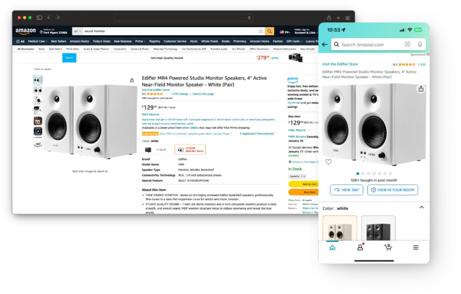 Desktop and mobile views of an Amazon product page for studio monitor speakers, showing product details, pricing, and customer reviews.