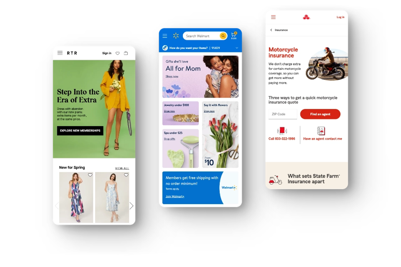 Three mobile website mockups for retail and insurance businesses, showcasing custom website design by Dancing Pels.