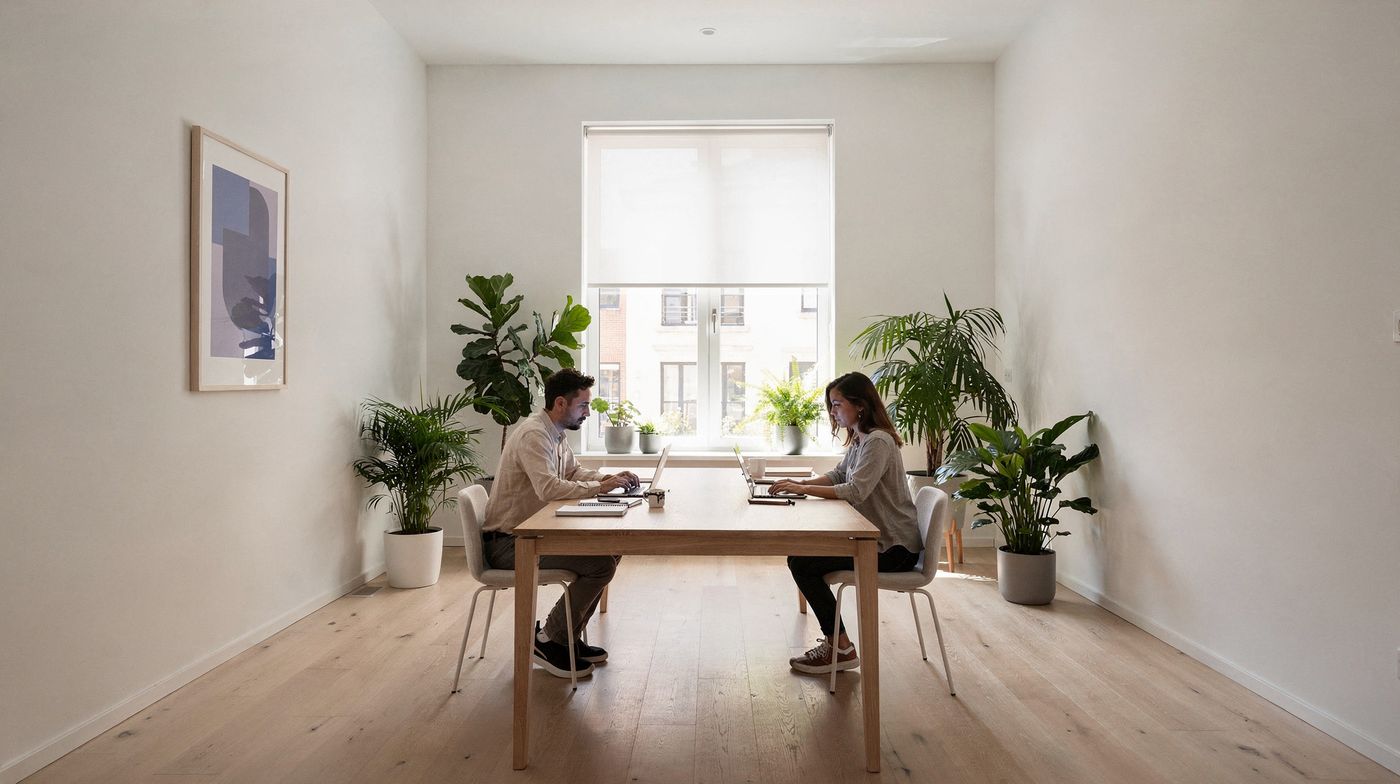 Two people work on laptops at opposite ends of a long wooden table in a bright studio office full of plants, lit by a large window.