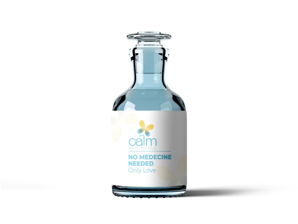 Glass bottle with Calm Protocols label and blue liquid, showcasing thoughtful branding for a wellness-focused service business.