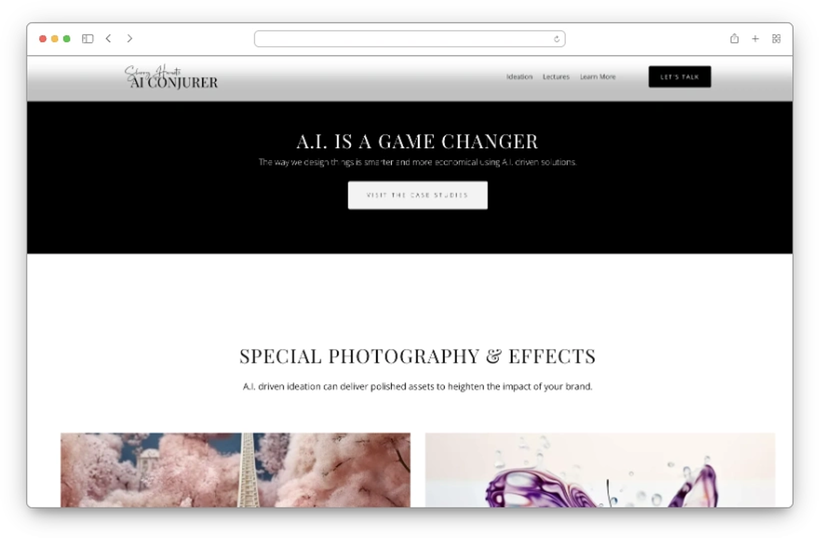 A website homepage featuring 'A.I. IS A GAME CHANGER' headline with navigation menu, black hero section, and gallery of photography and effects below.