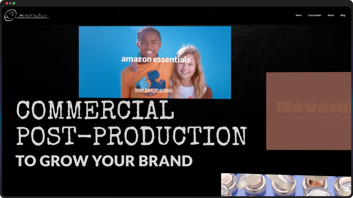 Dancing Pels website showcasing commercial post-production work, featuring an Amazon Essentials back-to-school campaign and product photography examples.