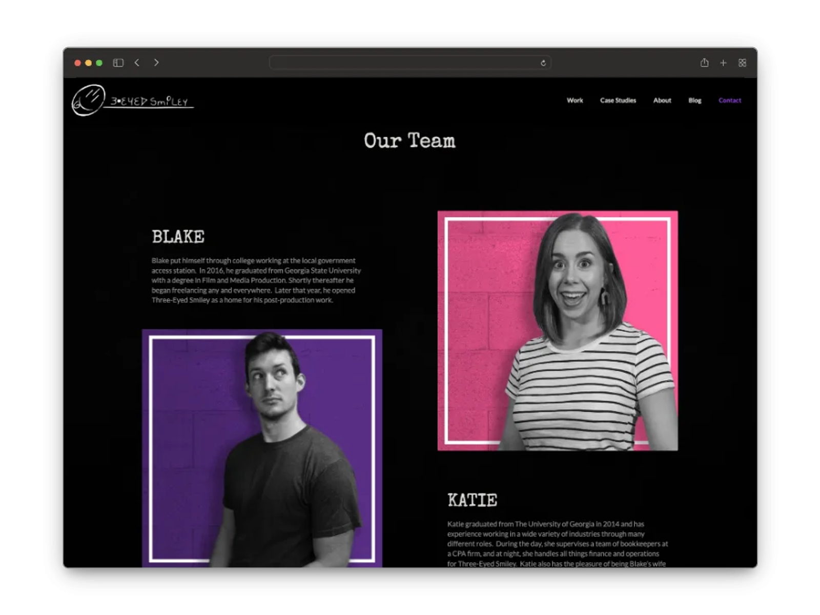 Dancing Pels team members Blake and Katie featured on the Our Team page, with professional headshots against colored backgrounds.
