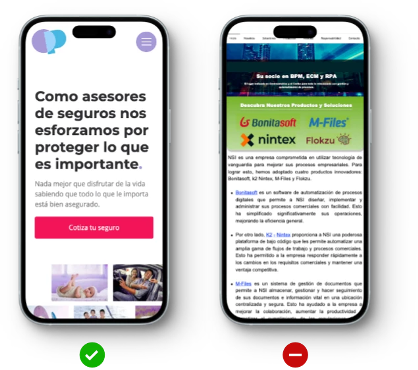 Two mobile phone screens showing a custom website design for an insurance company, with the left screen displaying the homepage and the right screen showing a services page with company information.