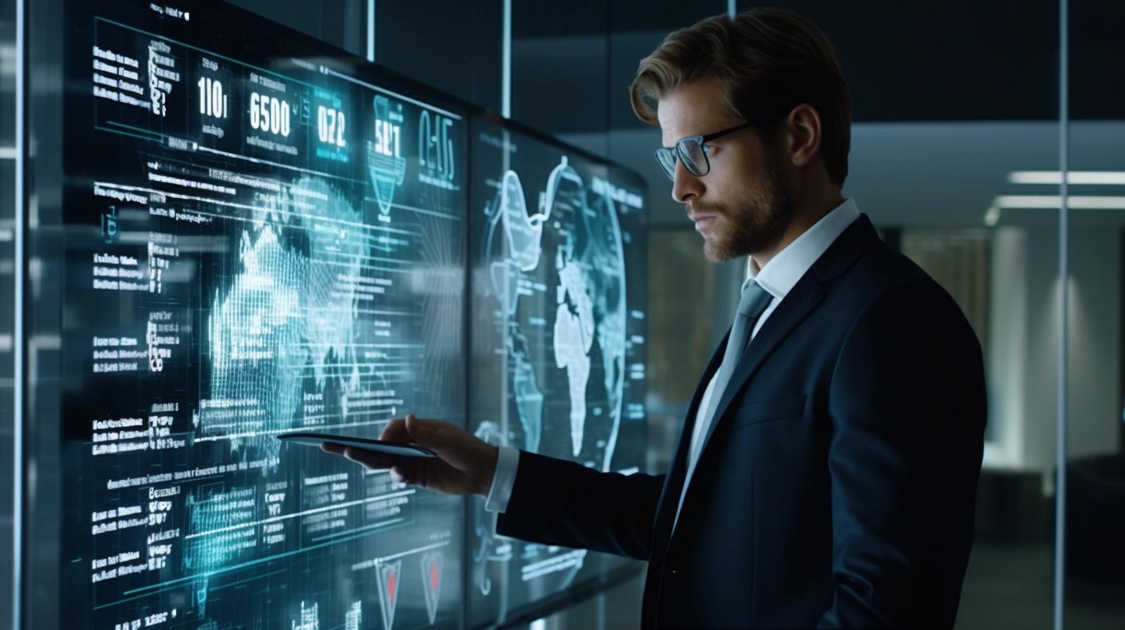 A professional in business attire analyzes a transparent display of digital analytics and performance metrics for growth marketing strategy.