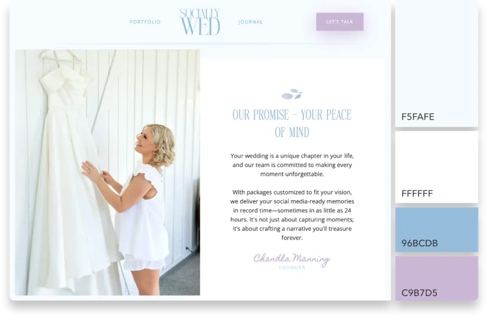 A wedding photographer's website featuring a bride in a white dress with text describing custom packages and social media services.