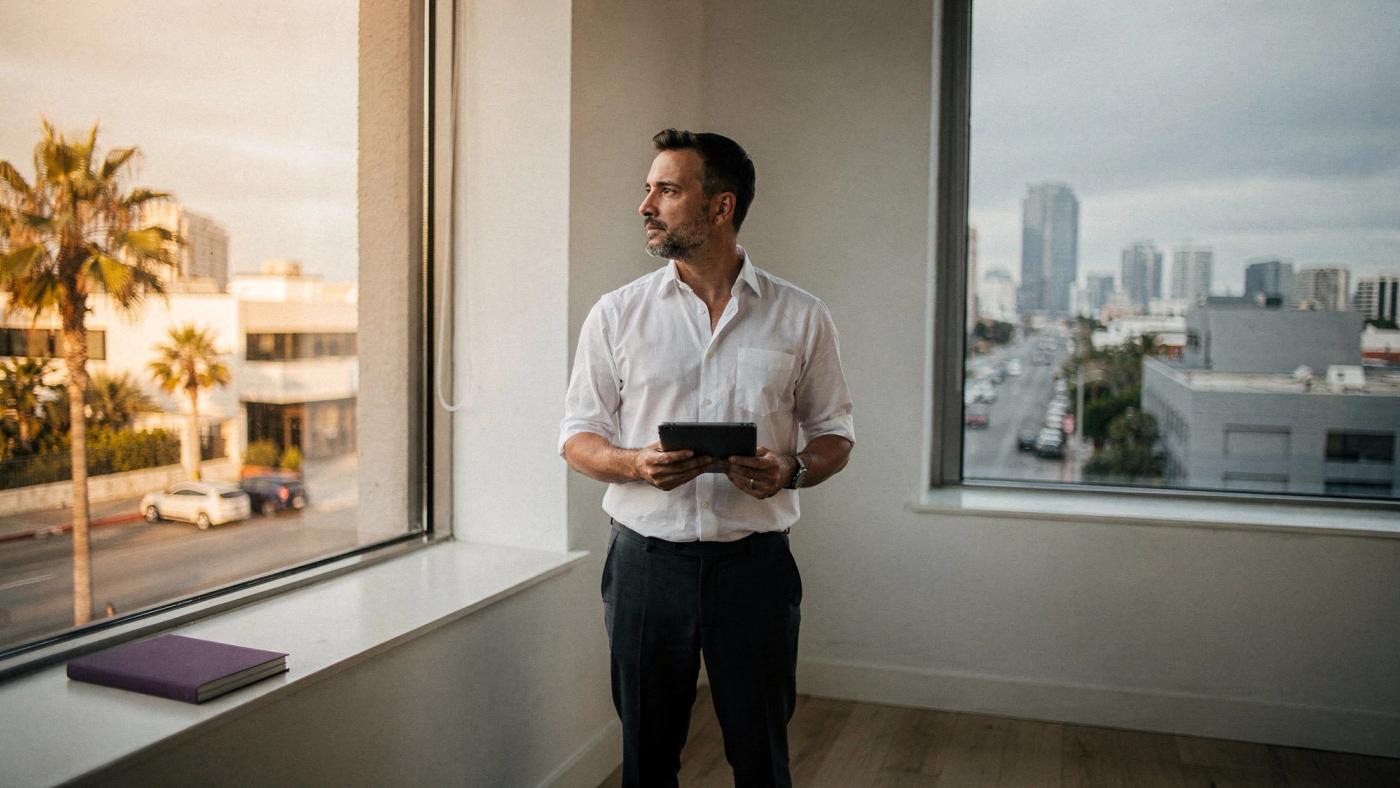 A man in a white shirt stands between two windows in a corner room holding a tablet, looking out of the left window at a palm-lined street in warm sun while a grey city skyline fills the right window.