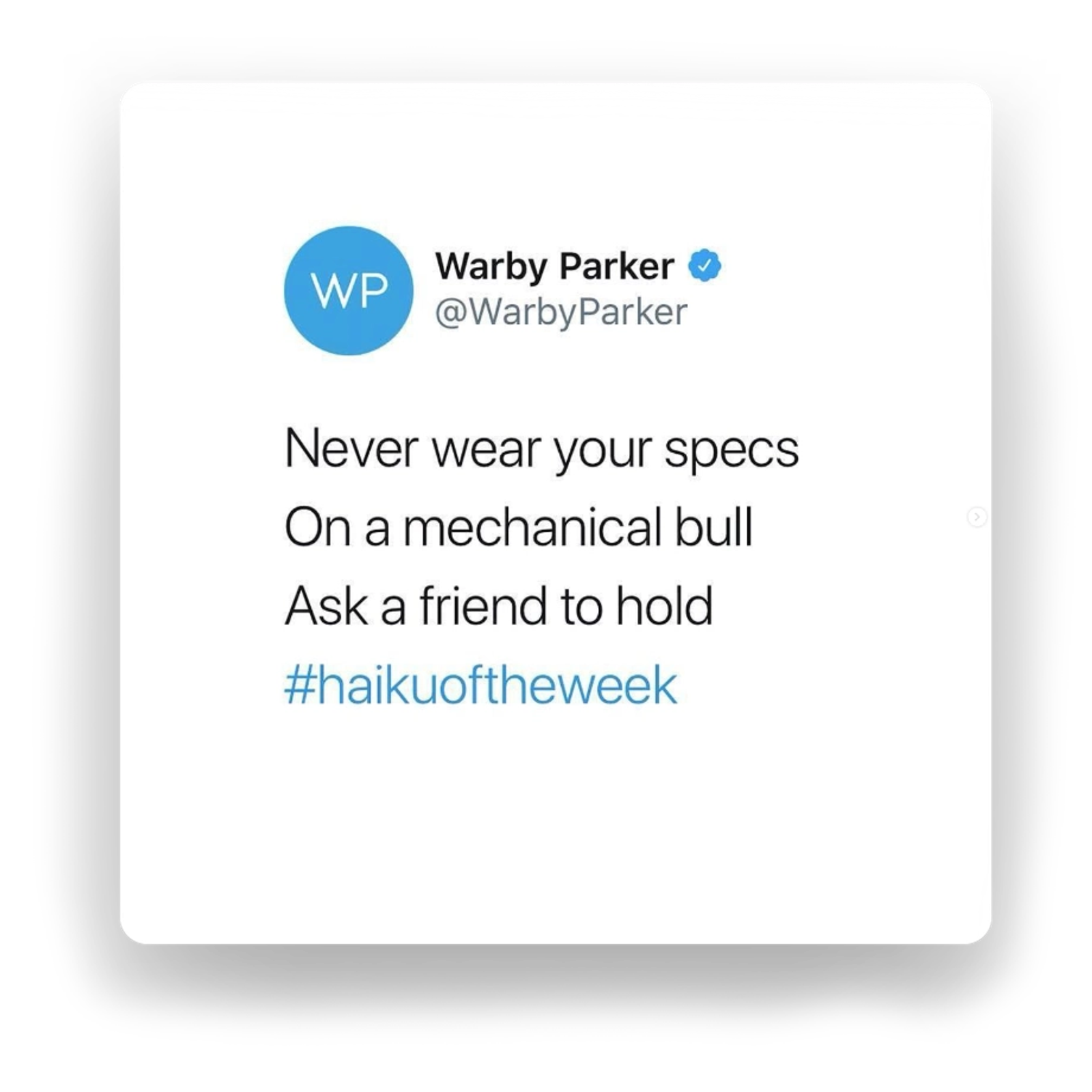 A Twitter post from Warby Parker showing a humorous three-line haiku about eyeglasses and mechanical bulls.