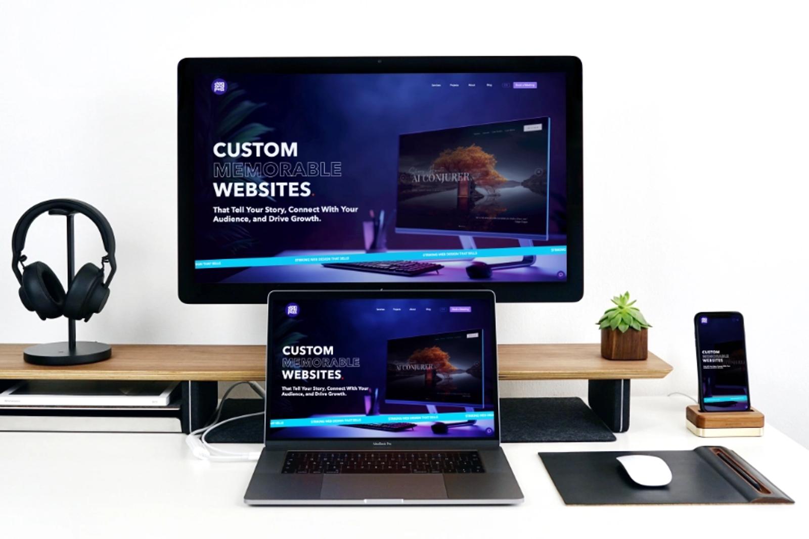 Dancing Pels custom website displayed across multiple devices on a modern desk setup, featuring a dark blue interface with cyan accents.