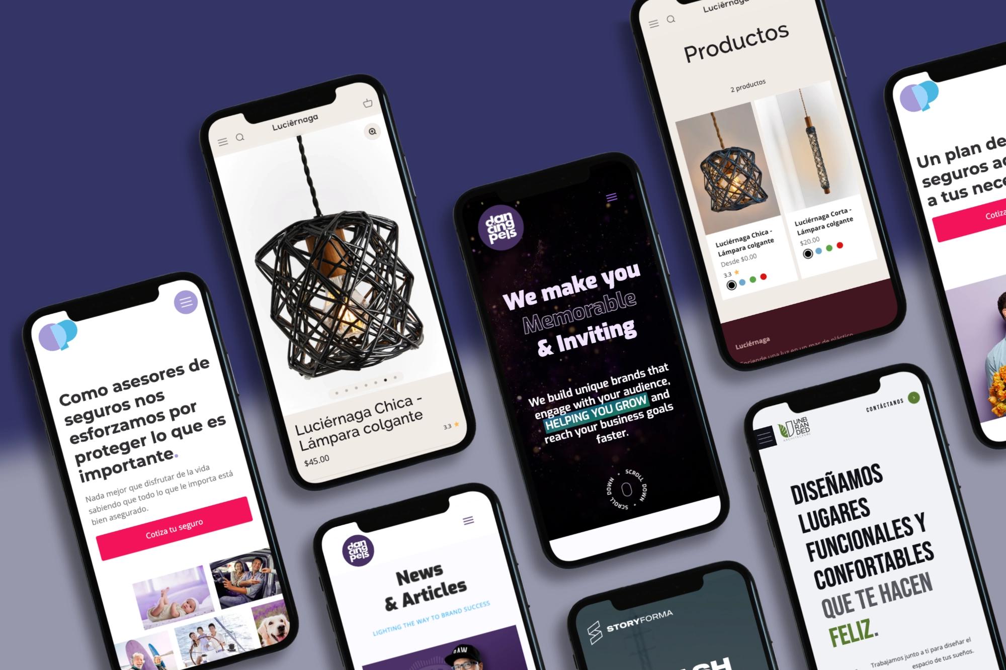 Multiple smartphone screens displaying custom-designed websites for various brands, showcasing Dancing Pels' web design work across different industries and layouts.