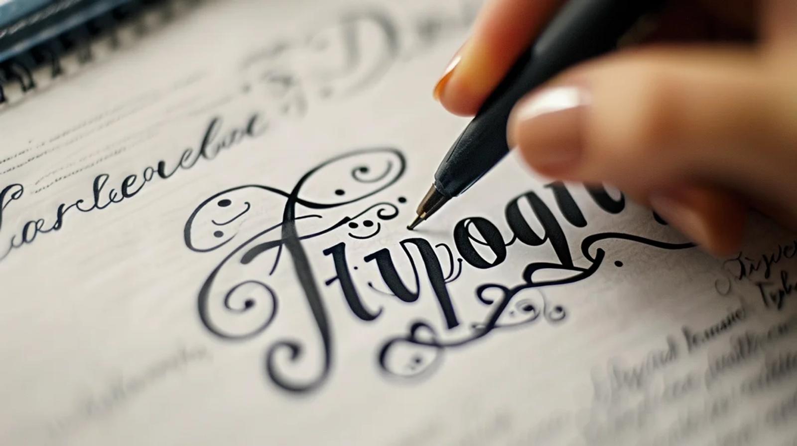 Hand lettering ornate typography on paper with a pen, showing detailed design work for custom branding.
