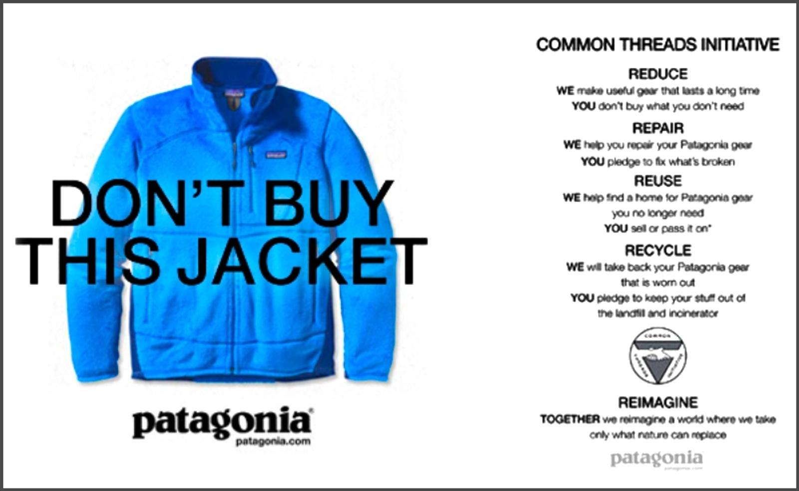 Patagonia's Common Threads Initiative advertisement featuring a blue jacket with "Don't Buy This Jacket" messaging and sustainability guidelines for reduce, repair, reuse, and recycle.
