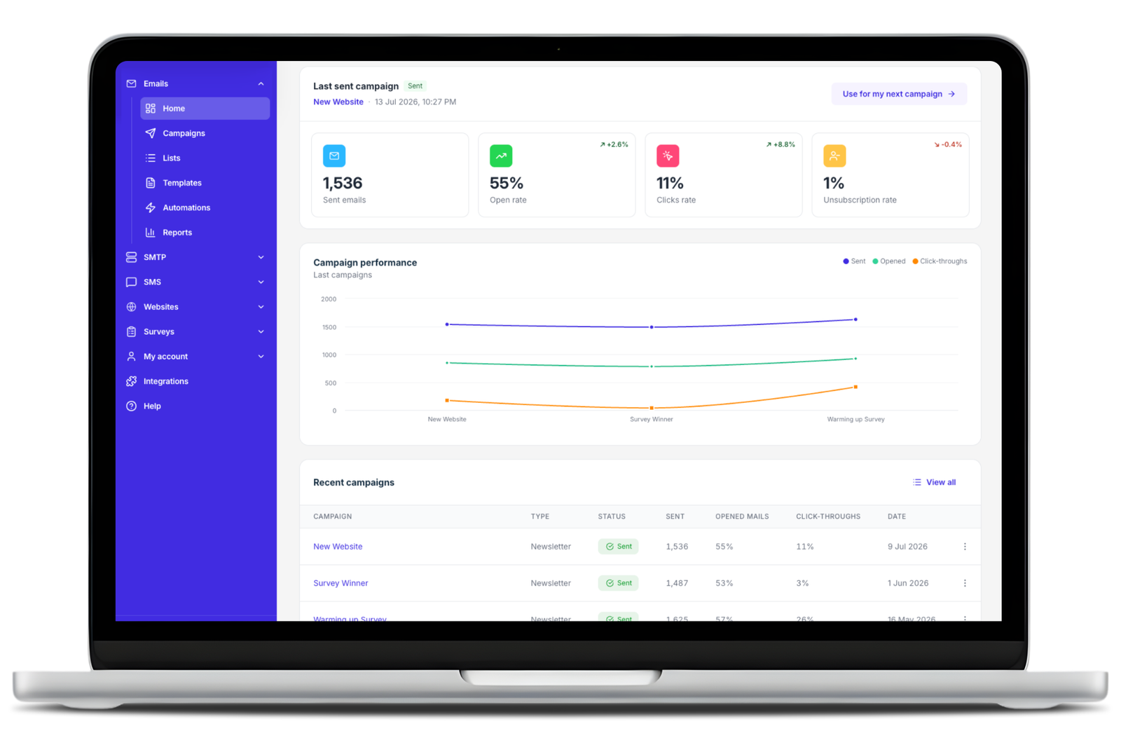 Email marketing campaign dashboard showing performance metrics, open rates, and click-through data for growth marketing campaigns.