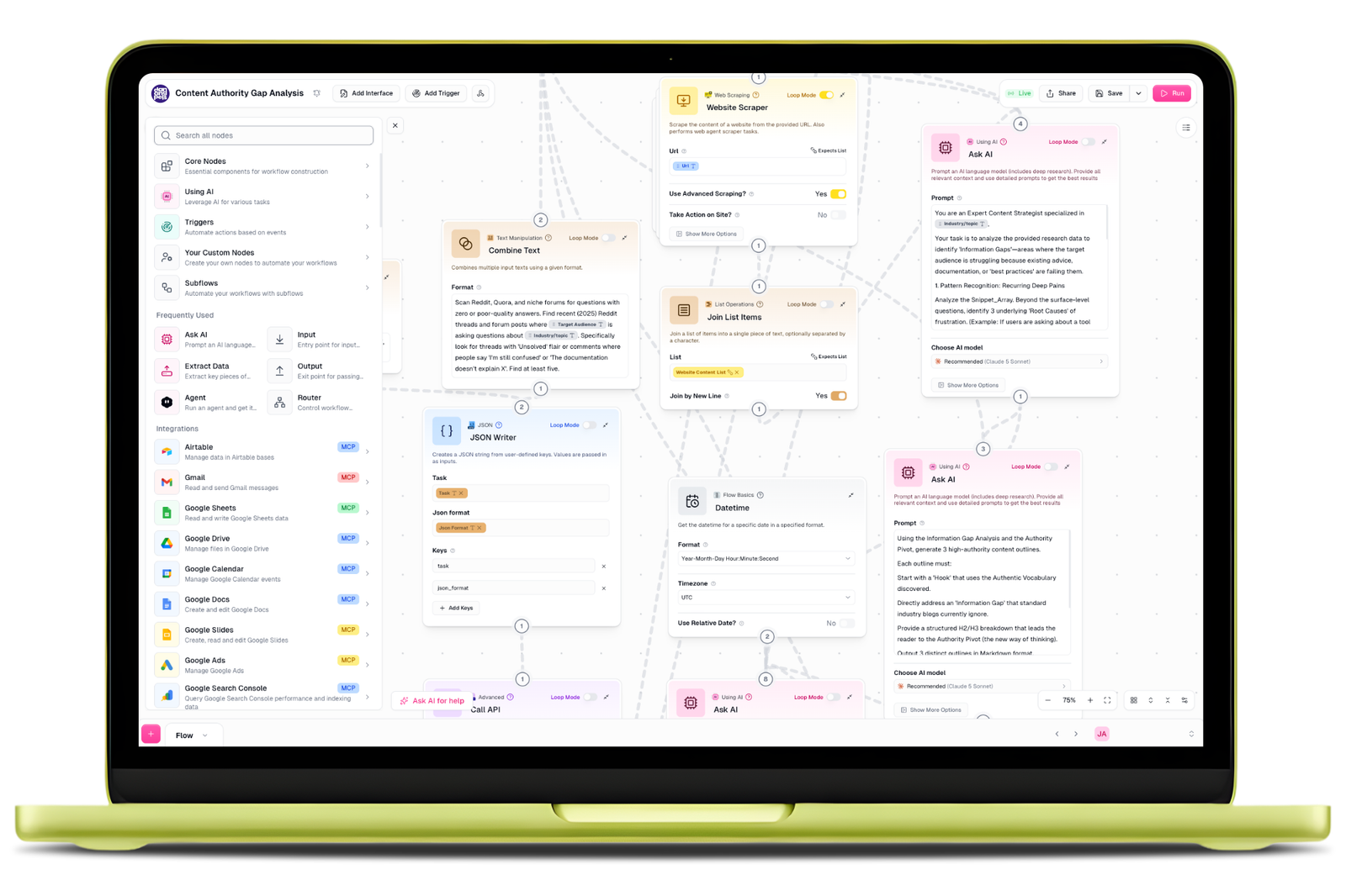 Dashboard interface showing Contact Authority Gap Analysis with AI-powered nodes, triggers, and custom notes for automating workflow—the kind of AI system Dancing Pels builds for service businesses.