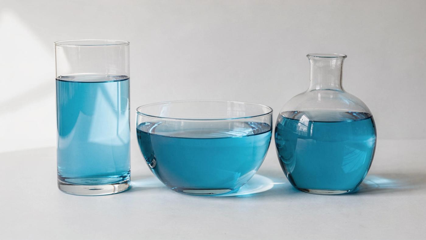 Un cilindro alto, un tazón ancho y un matraz redondeado están en fila sobre una superficie lisa, cada uno con la misma agua azul que toma la forma de su contenedor, bajo una luz suave de día.