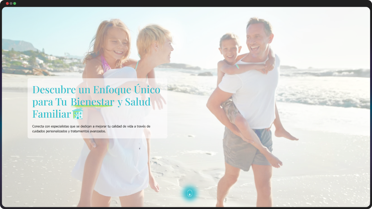 A family enjoying time on a beach, displayed on a website homepage with Spanish text about family health and wellness services.