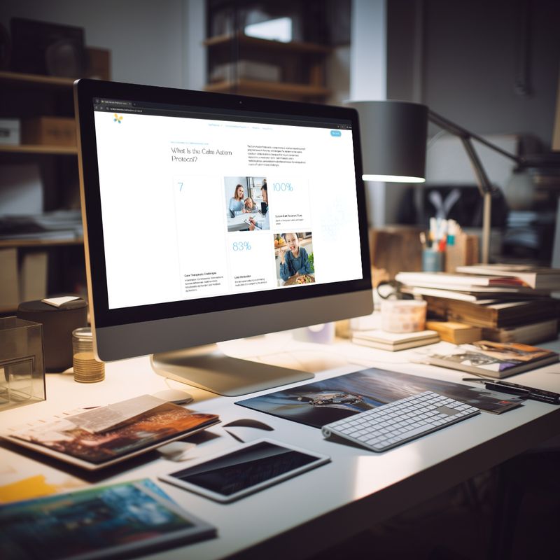 A clean desktop workspace displays a Dancing Pels custom website on a monitor, showcasing data visualizations and client imagery for a service business.
