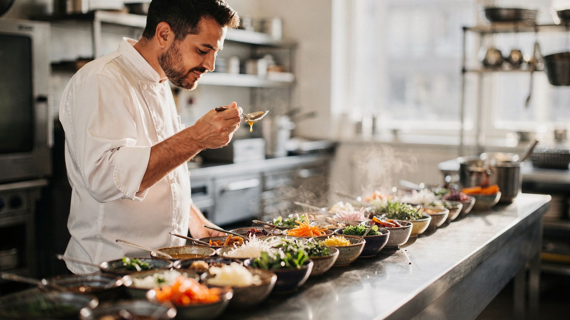 Un chef de chaqueta blanca prueba una salsa con una cuchara en una mesa de acero llena de pequeños tazones con verduras, hierbas y salsas ya preparadas, en una cocina luminosa antes del servicio.