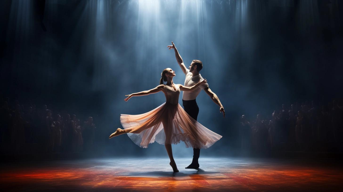 Two ballet dancers perform an elegant lift on a spotlit stage, embodying the grace and precision that Dancing Pels brings to growth marketing strategy.