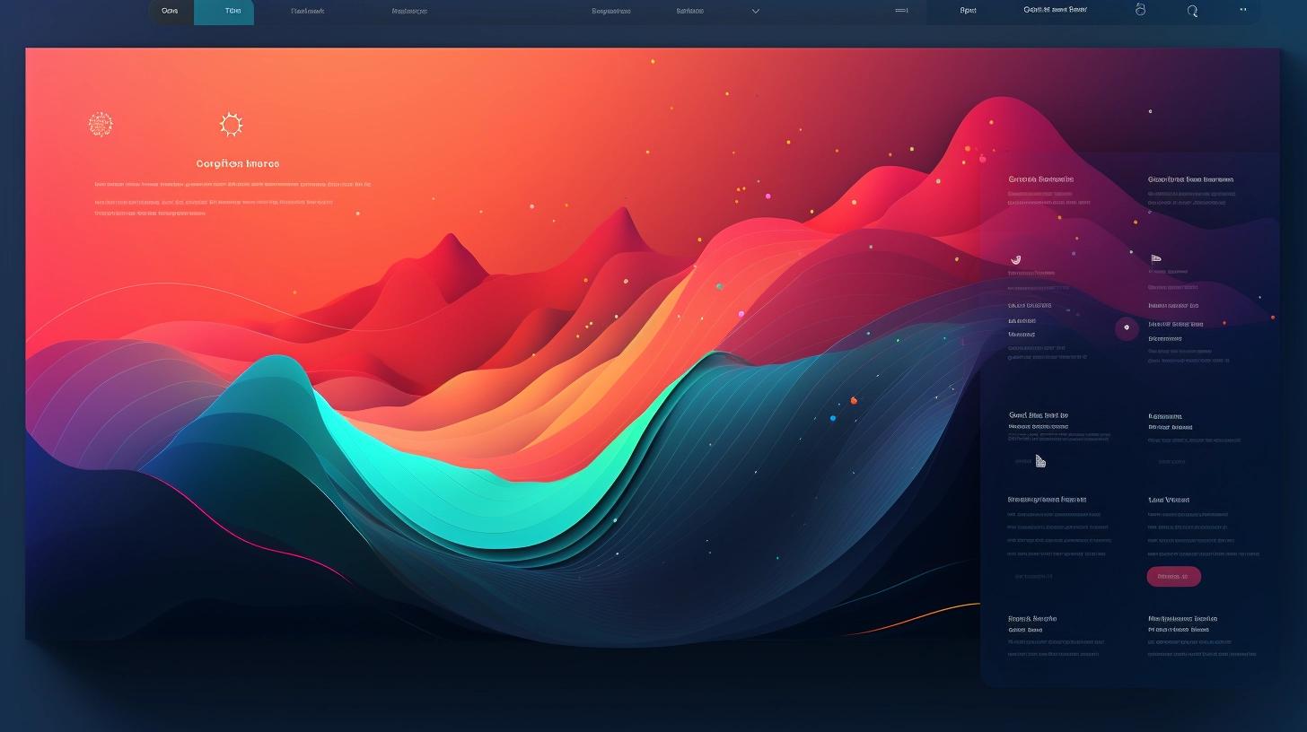 Colorful gradient web interface with flowing red, orange, and teal shapes displaying service offerings and navigation elements for a custom website.