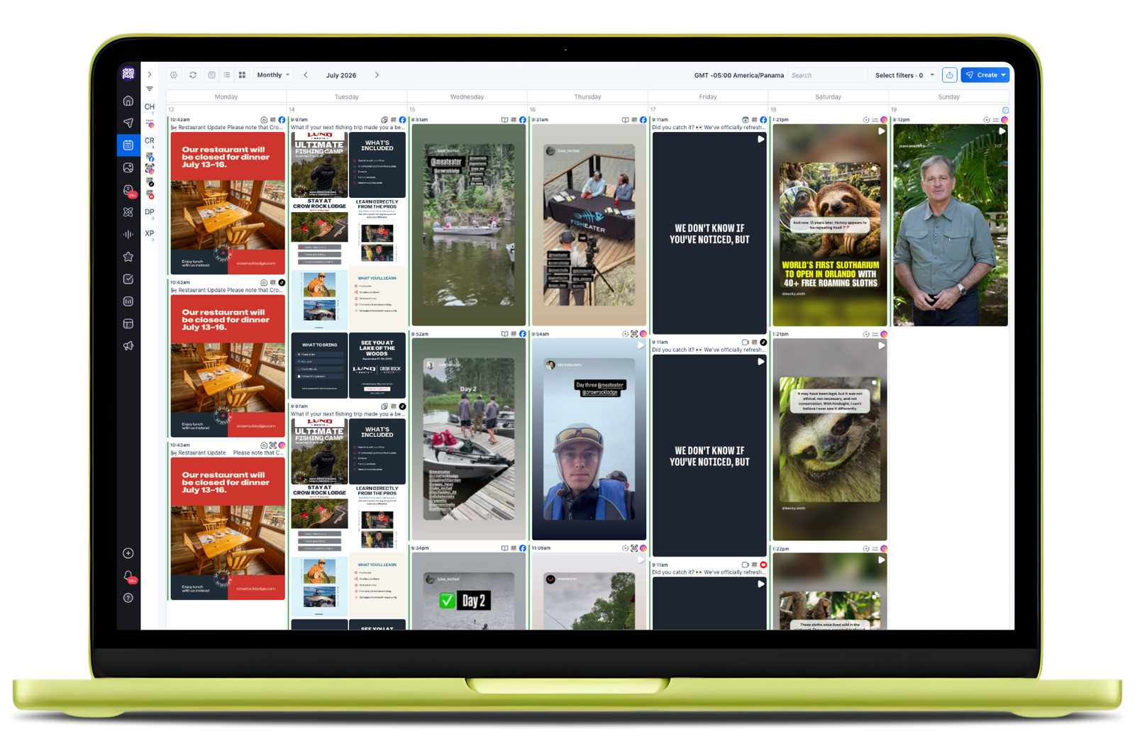A project management calendar for July 2024 displays organized tasks, client communications, and marketing activities across multiple team members and campaigns.