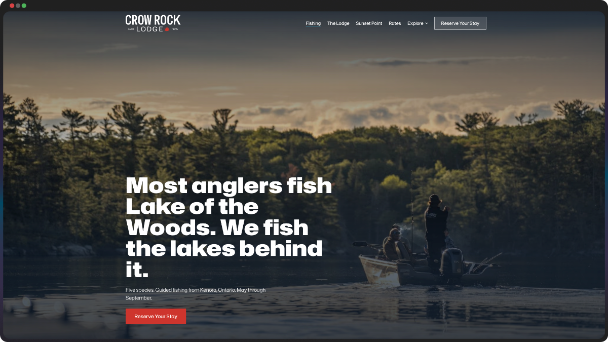 Crow Rock Lodge website displaying a fishing lodge homepage with hero imagery and navigation menu, custom-built to showcase their lakeside destination.