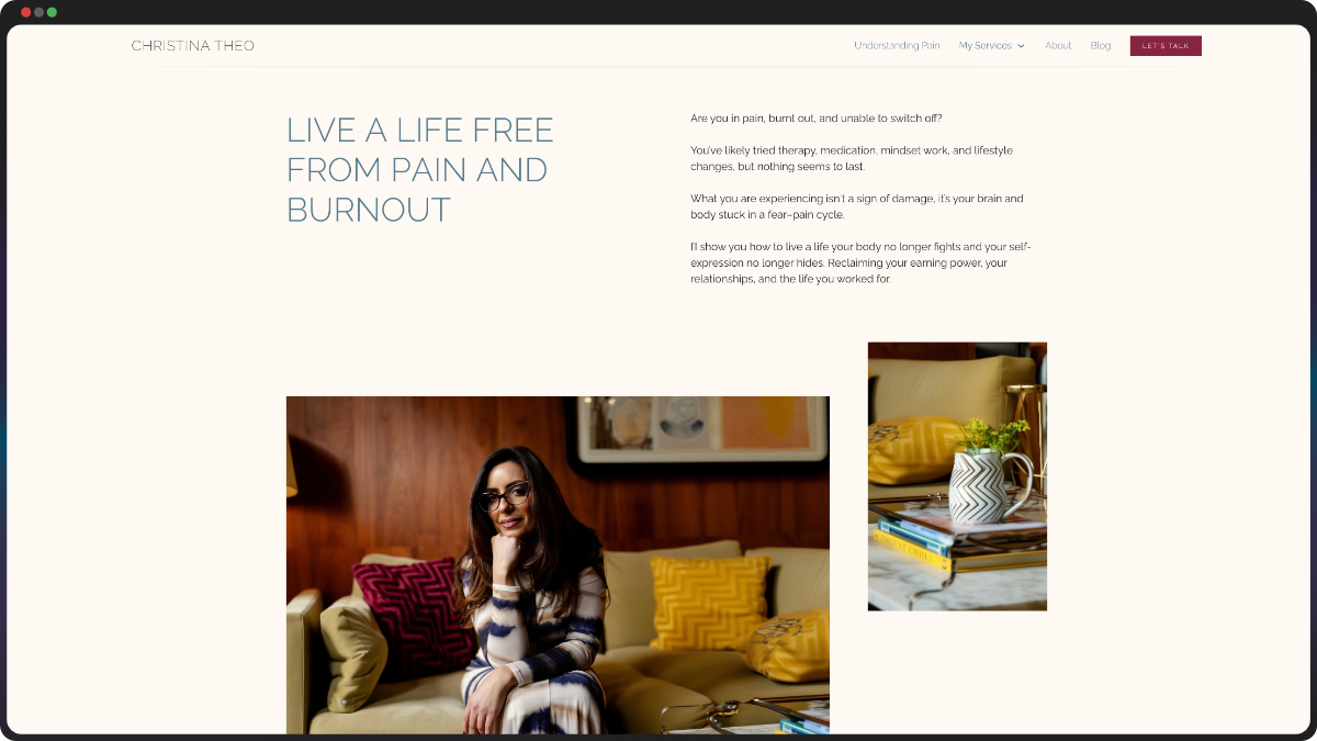 Website homepage for Christina Theo showing her therapeutic practice messaging about living free from pain and burnout, designed by Dancing Pels.